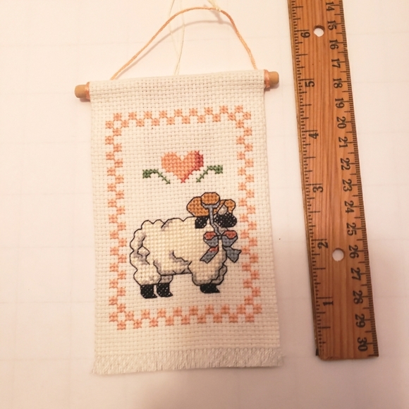 HAND CRAFTED Cross-stitch Mini Banner with a Heart and Ewe Sheep in a Bonnet - Picture 3 of 3